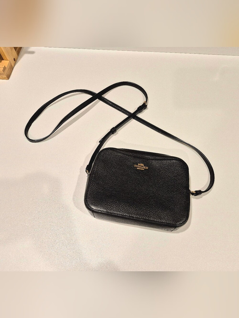 Coach Black Pebbled Leather Camera Crossbody with Gold Logo
